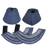 Blue horse bell boots and matching overreach boots set.
