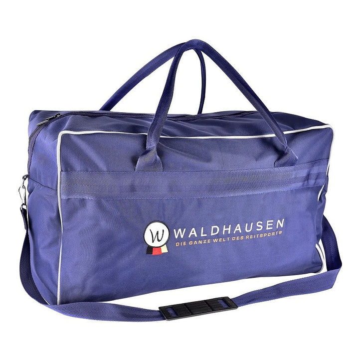 Waldhausen brand blue duffel bag with shoulder strap isolated on white.